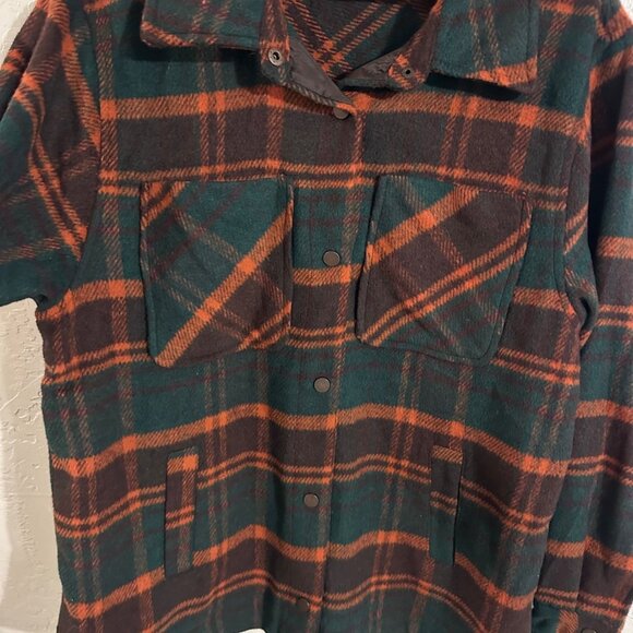 Ashley Outerwear Wool Blend Green and Orange Button Up Plaid Shacket - Picture 4 of 12